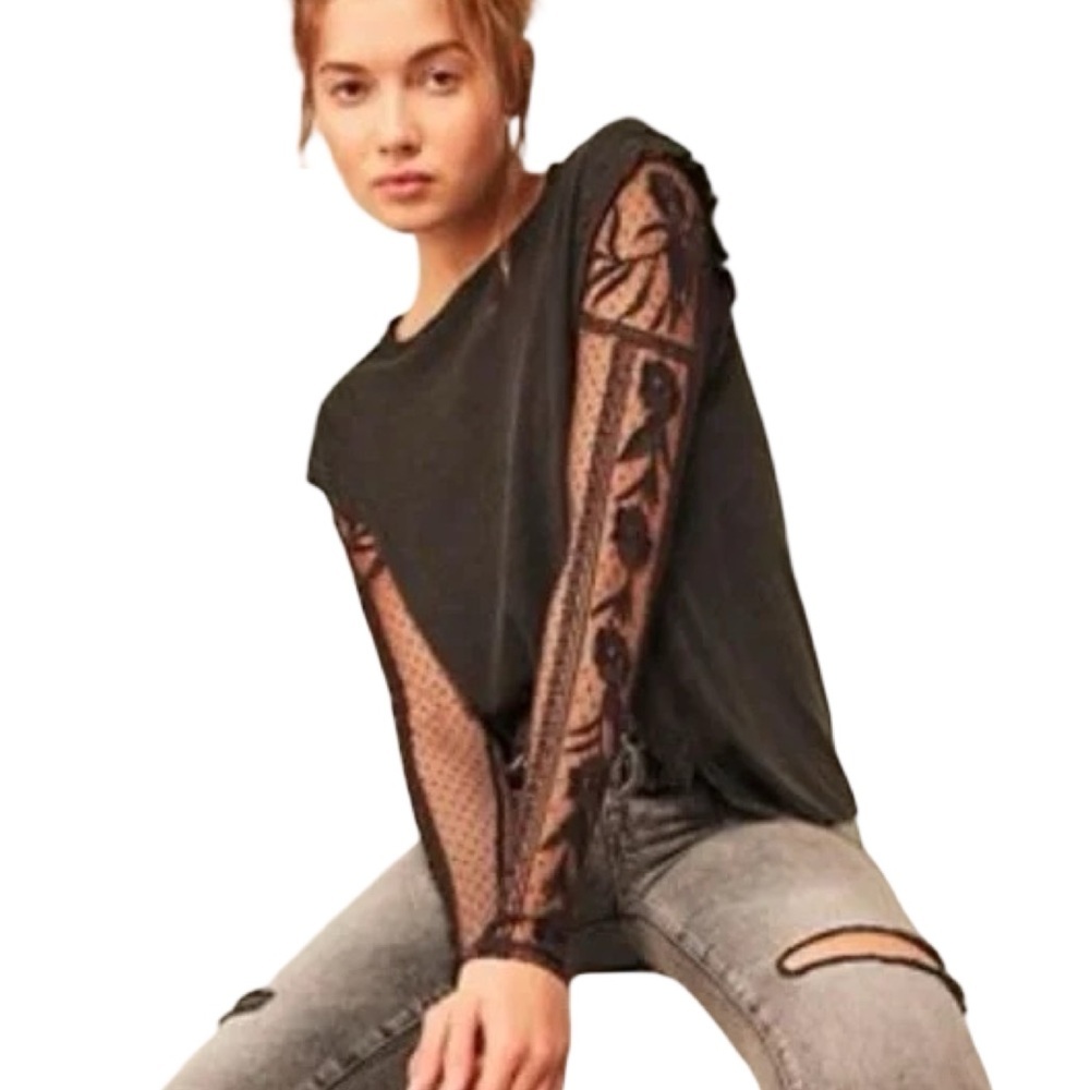 Free People Billie Jean Twofer Top Shirt Womens Size XS Black Lace Sleeve Gray - Picture 11 of 11